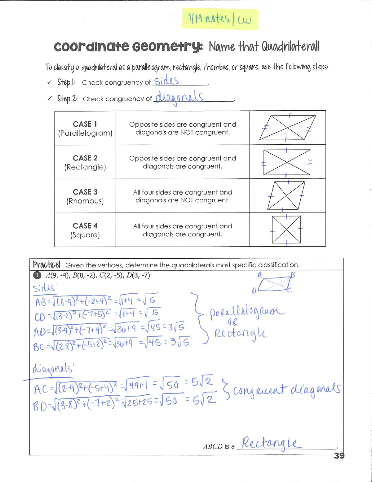 01 19 Classifying Quadrilaterals In A Coordinate Plane Notes Key 1 2 Amp Gt H R K W Coordinate