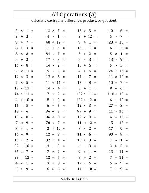 100 Horizontal Mixed Operations Questions Facts 1 To 12 A