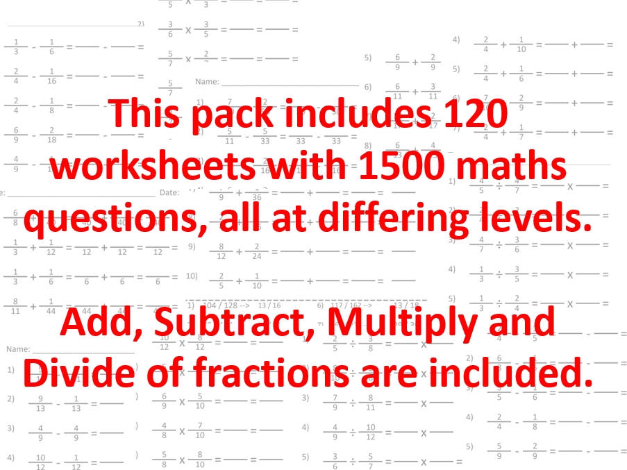 120 A4 Fraction Worksheets Add Subtract Multiply And Divide Teaching Resources