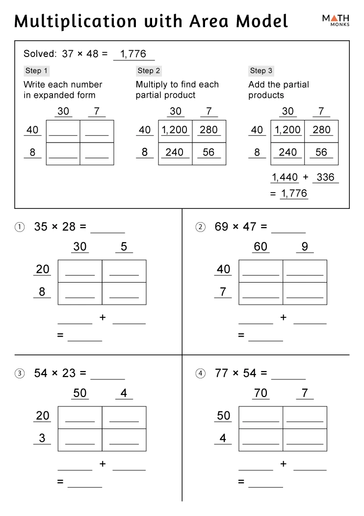 2 Digit Multiplication Area Model Worksheets for Math Practice