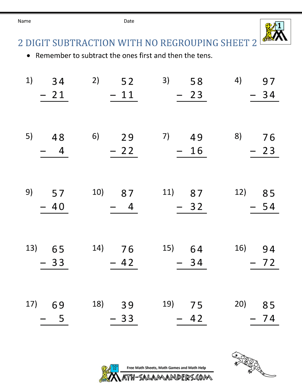 2 Digit Subtraction Without Regrouping