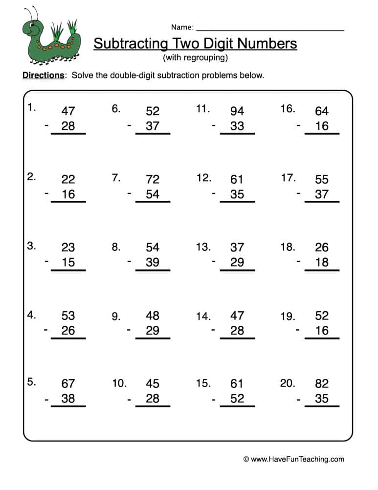 2 Digit Subtraction Worksheets