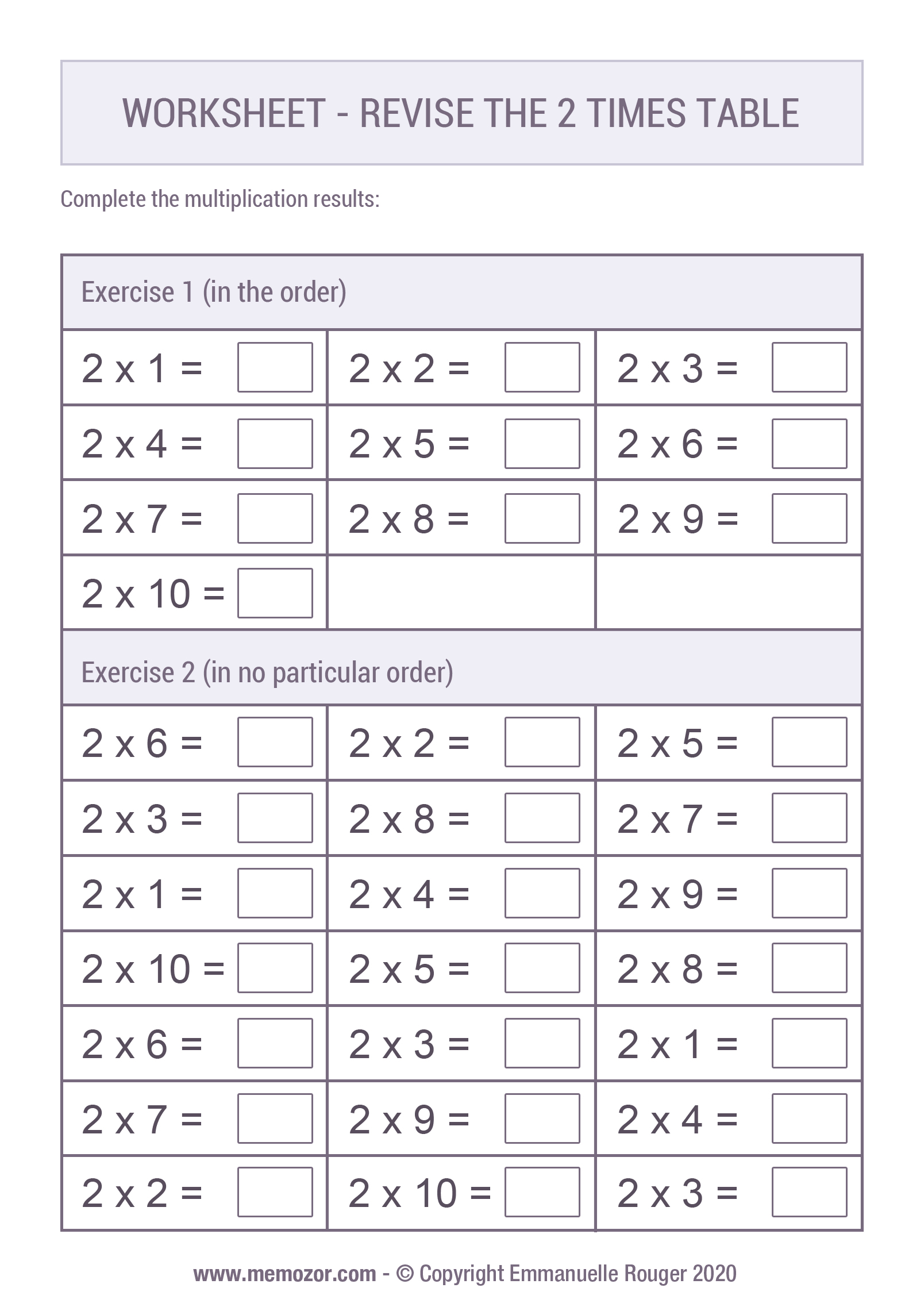 2 Times Table Worksheet for Kids