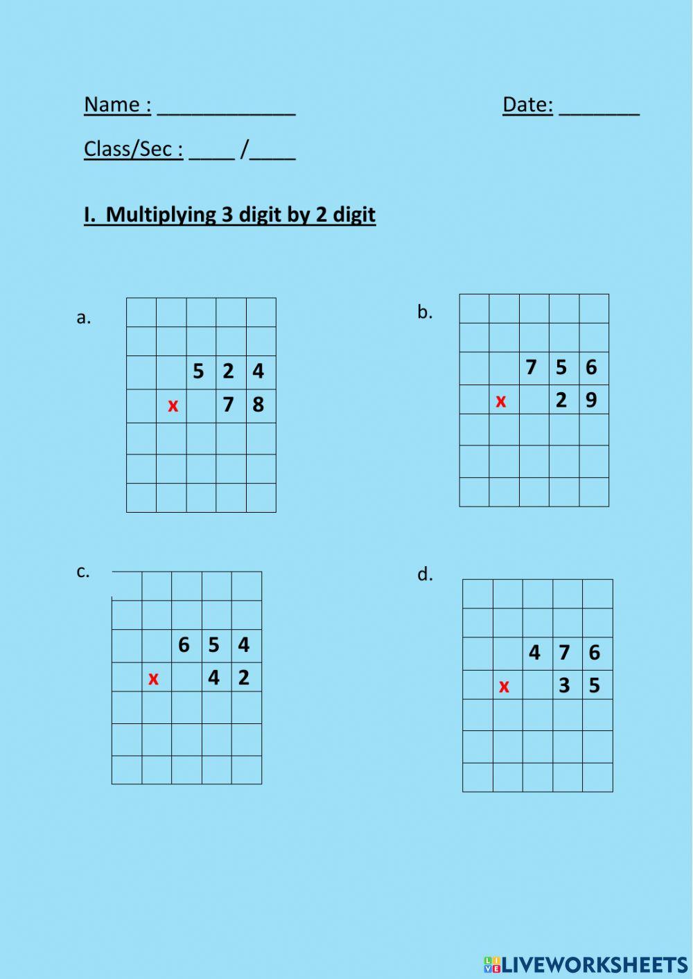 8 Worksheets for 3 Digit by 2 Digit Multiplication