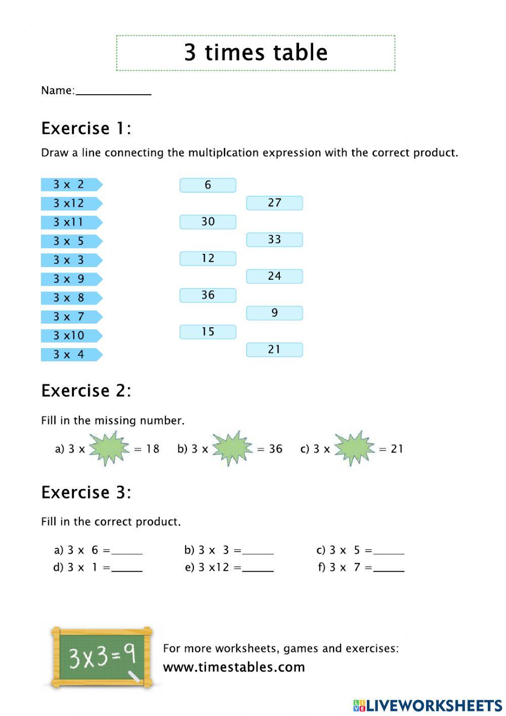 3 Times Table Live Worksheets