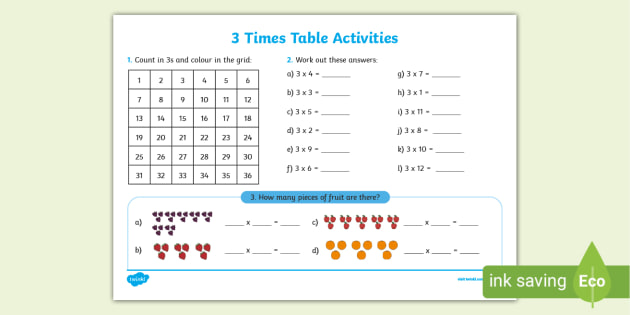 3 Times Table Worksheet Printables for Kids