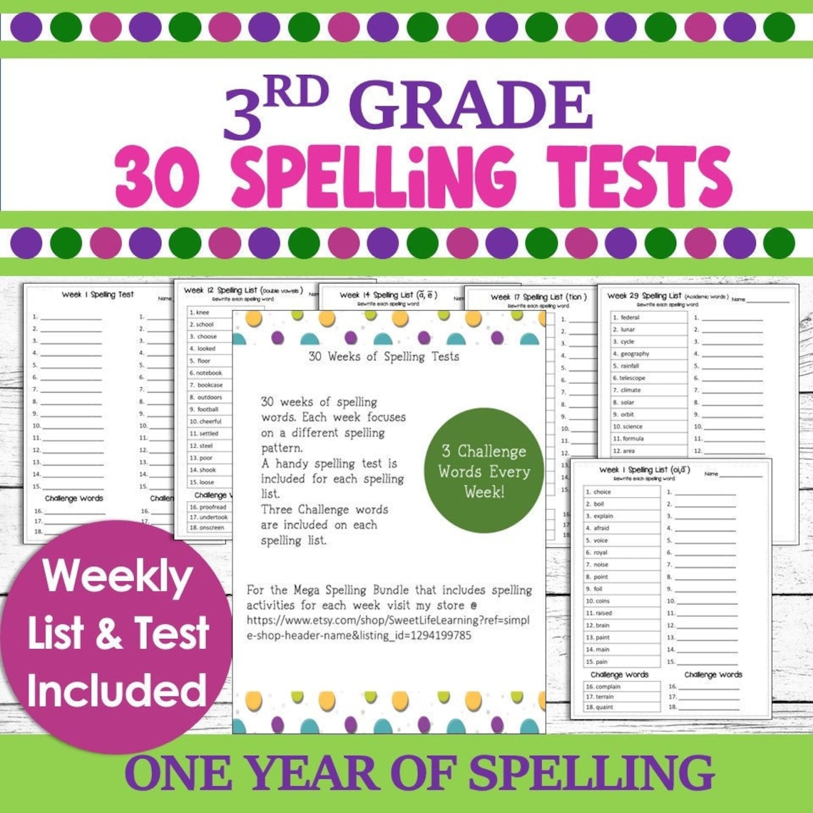 3Rd Grade Spelling Worksheets 30 Weeks Of Spelling Lists One Year Of