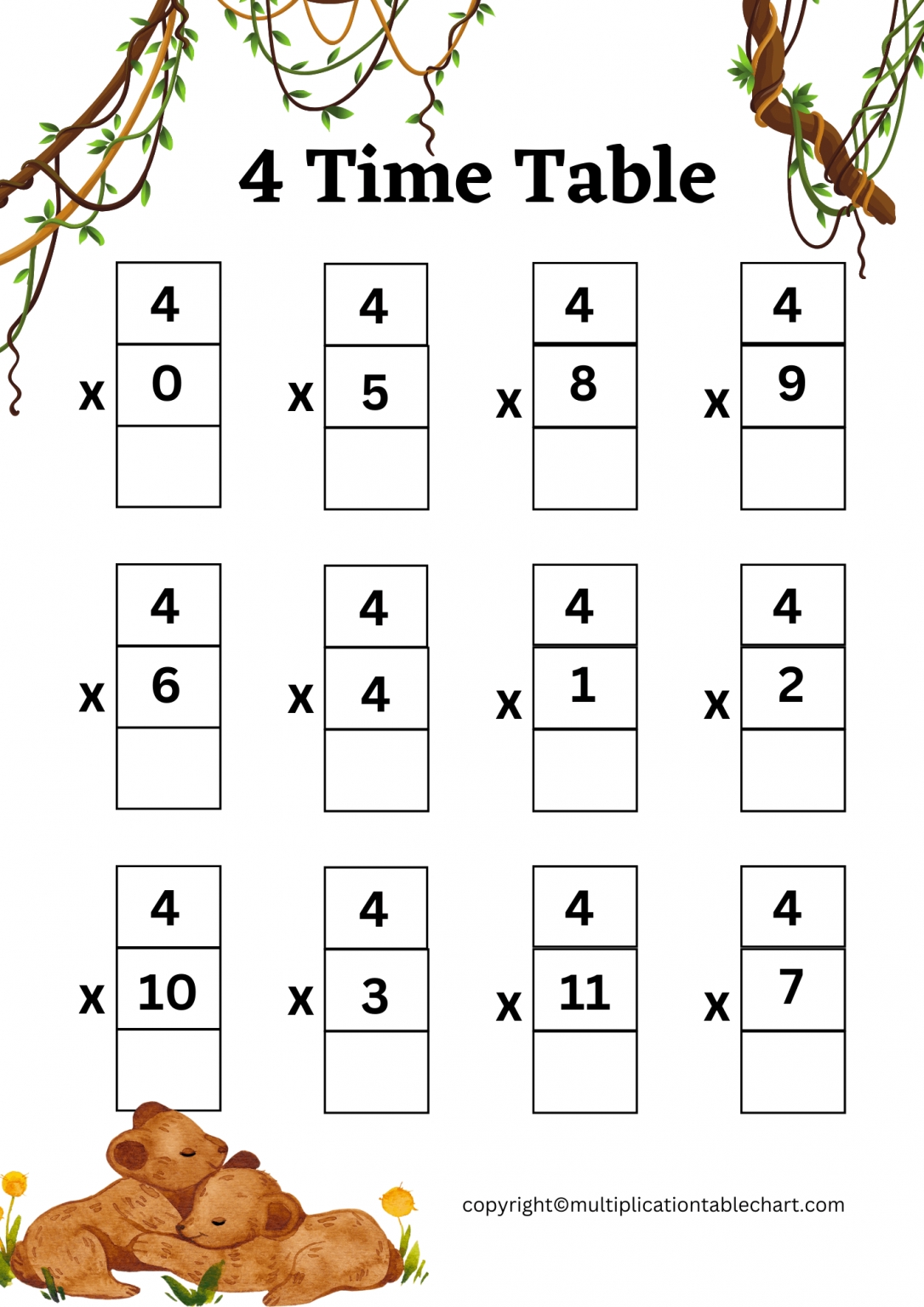 4 Times Table Worksheet