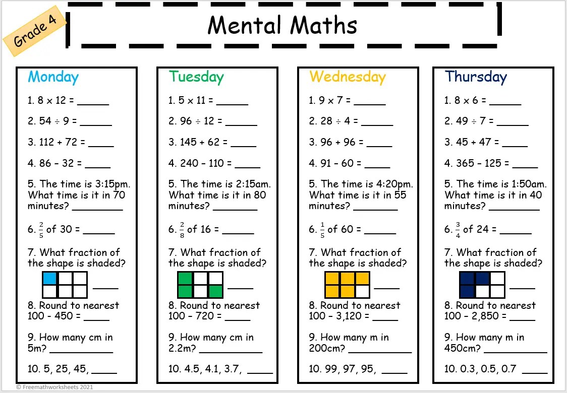 Free 4th Grade Math Worksheets for Home or School Use