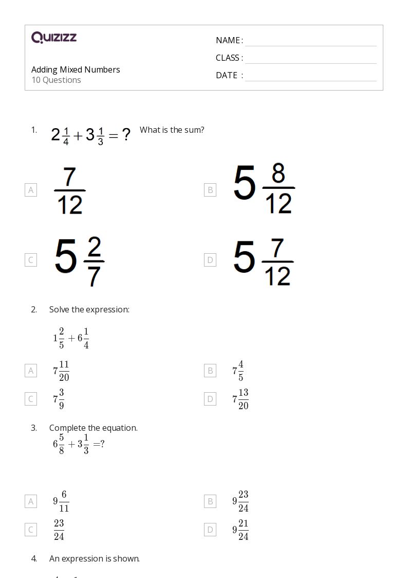 50 Adding Mixed Numbers Worksheets For 5Th Class On Quizizz Free