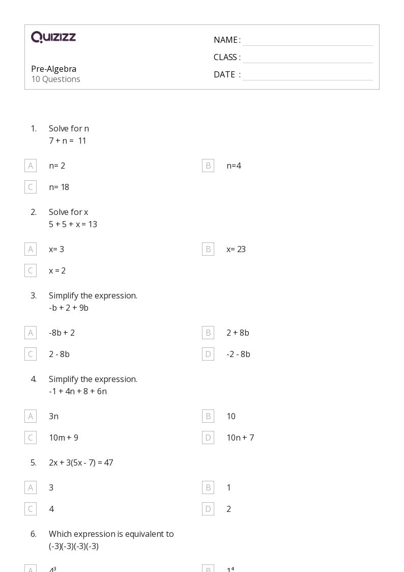 50 Algebra Worksheets For 4Th Grade On Quizizz Free Amp Printable