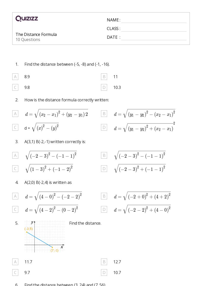 50 Distance Formula Worksheets For 10Th Grade On Quizizz Free