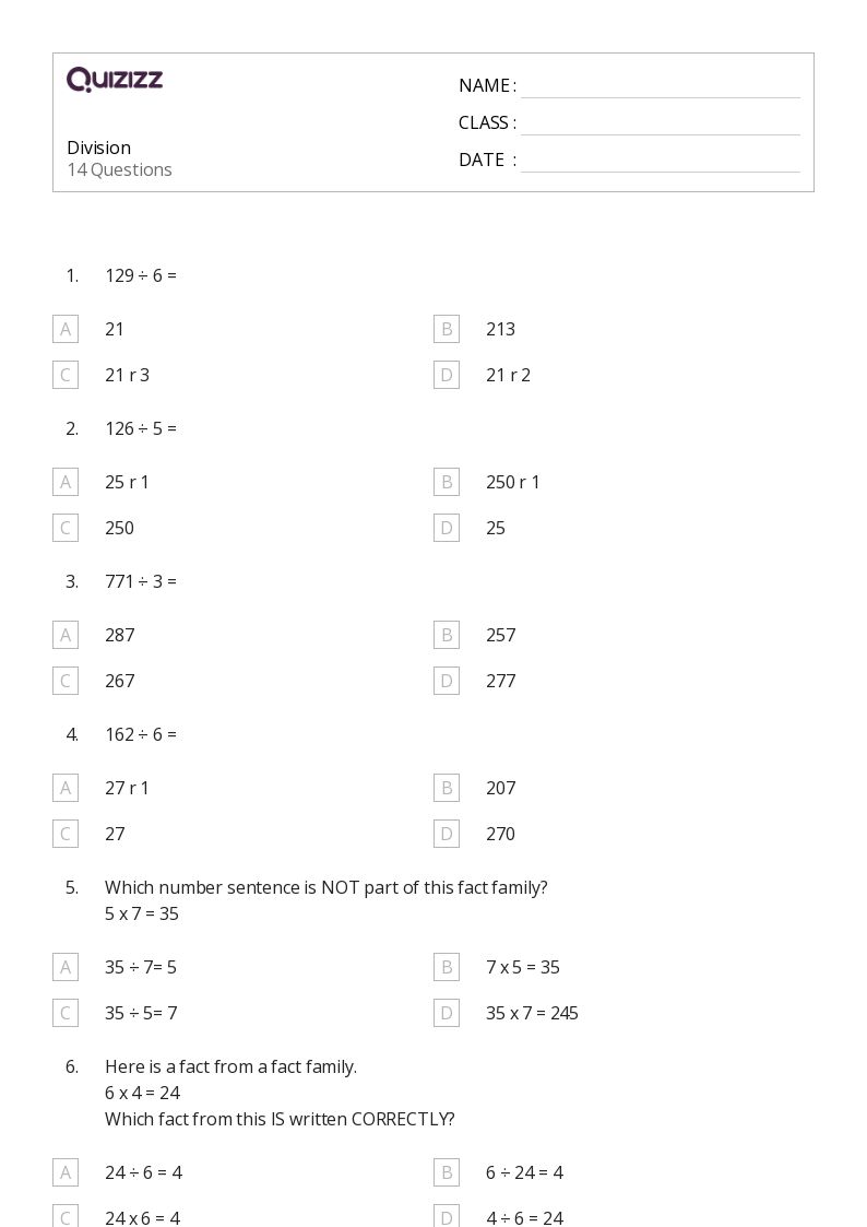 50 Division Worksheets For 4Th Grade On Quizizz Free Printable