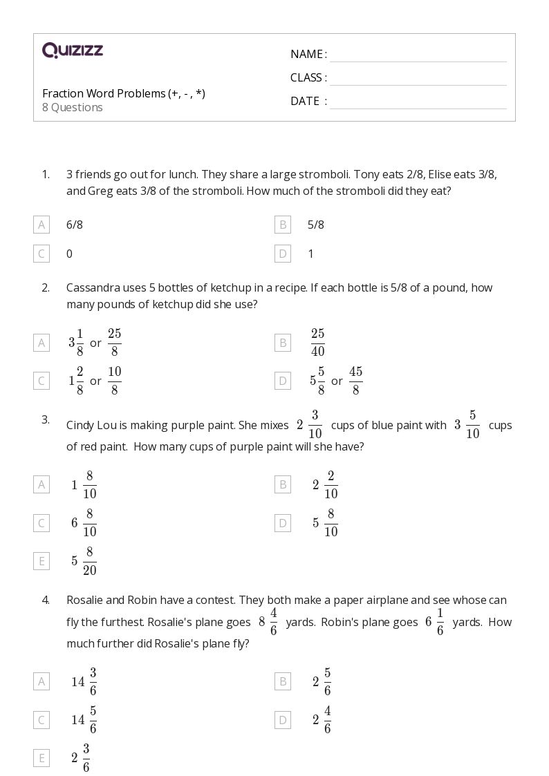 50 Fraction Word Problems Worksheets For 5Th Grade On Quizizz Free Amp Printable