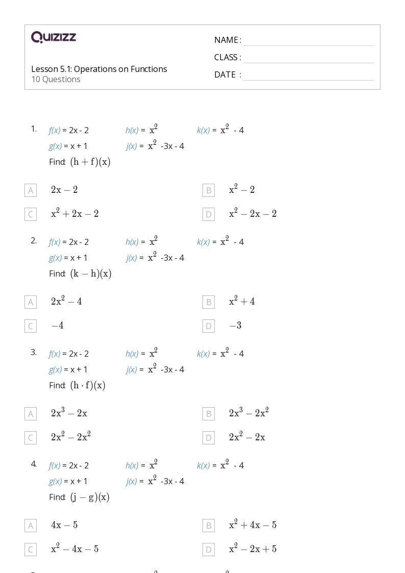 50 Functions Operations Worksheets On Quizizz Free Printable