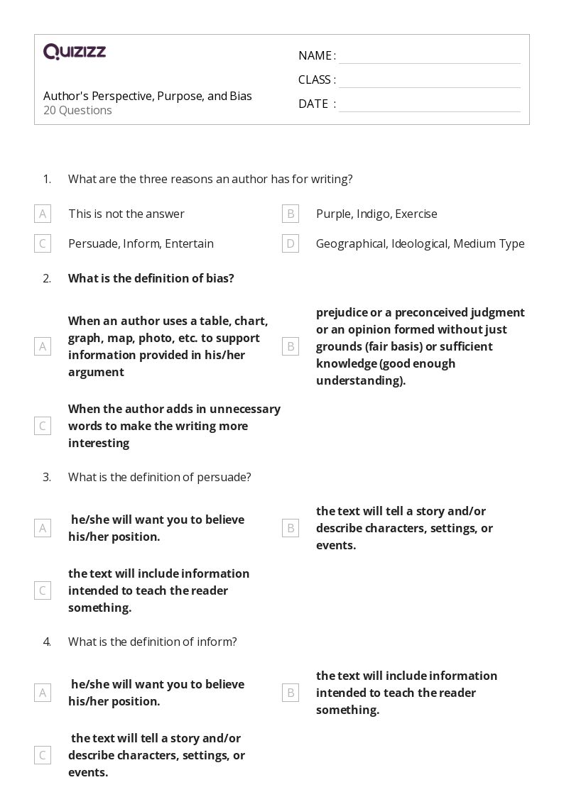 50 Identifying The Author S Purpose Worksheets For Grade 8 On Quizizz