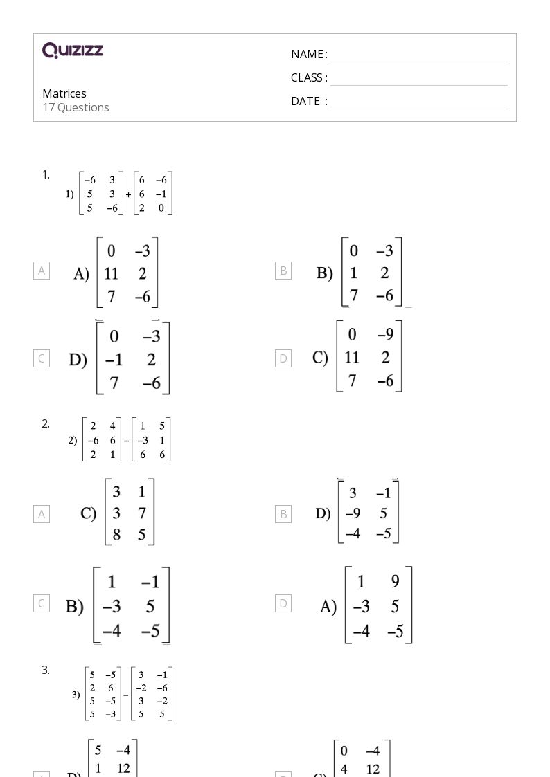 50 Matrices Worksheets For 11Th Grade On Quizizz Free Amp Printable