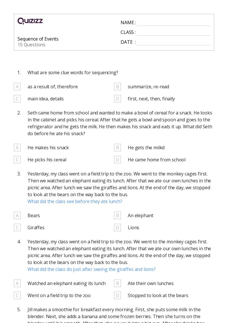 50 Sequencing Events Worksheets For 5Th Grade On Quizizz Free