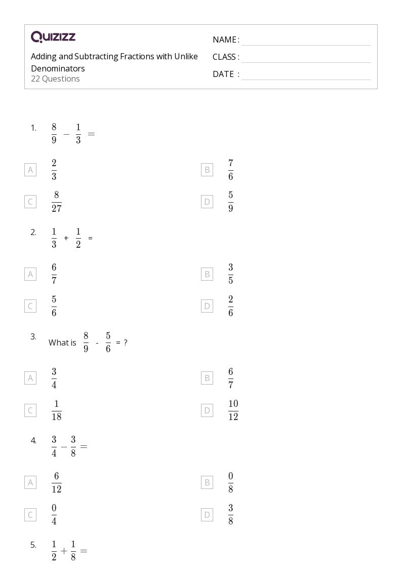 50 Subtracting Fractions With Unlike Denominators Worksheets For 4Th Year On Quizizz Free