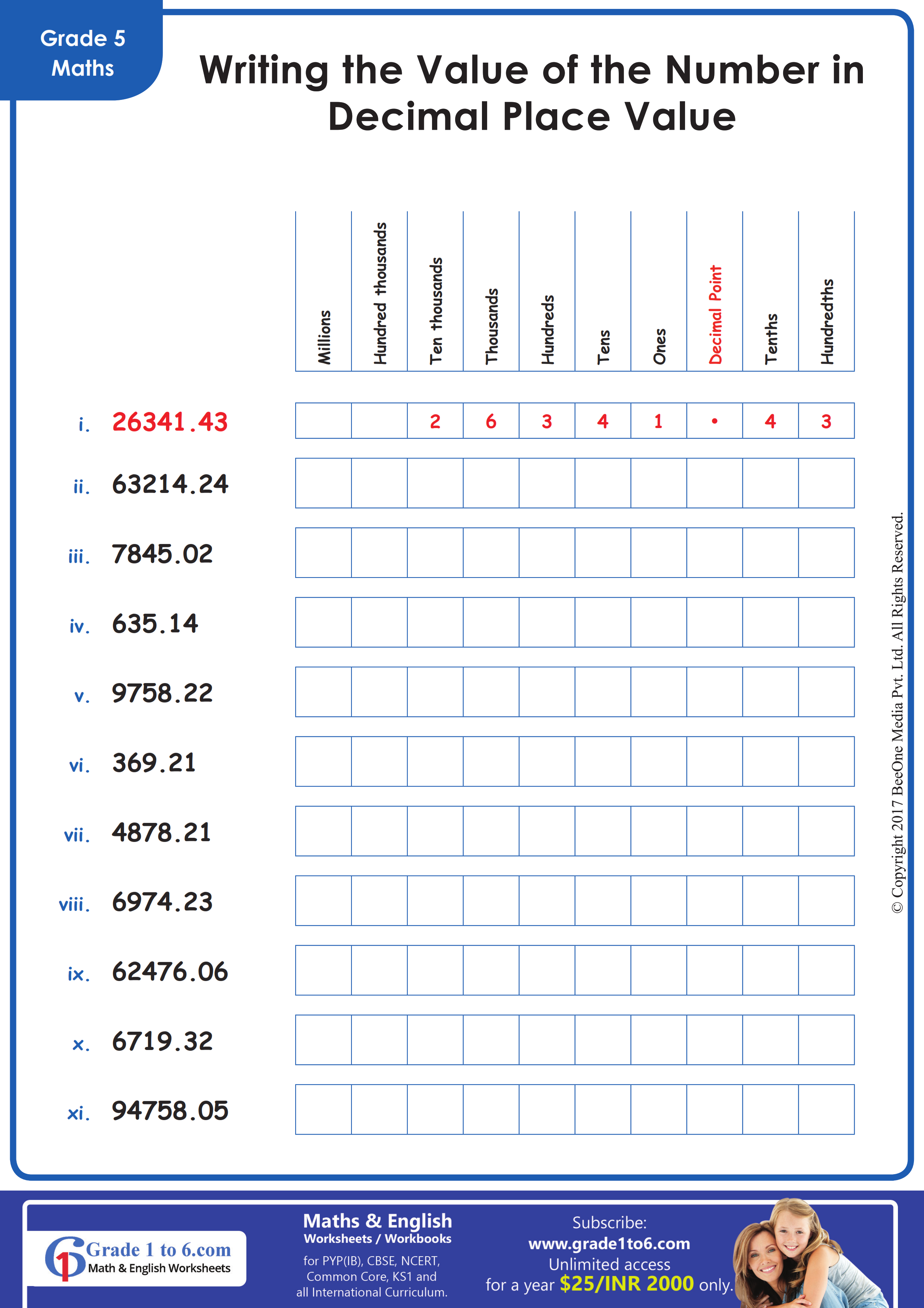 5th Grade Decimal Place Value Practice Worksheets