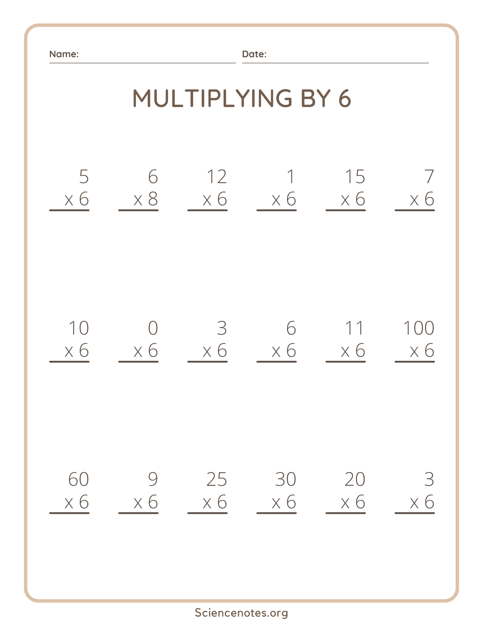 6 Times Tables Multiplication Practice Sheets