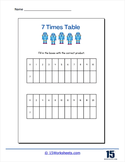 7 Times Table Multiplication Worksheet