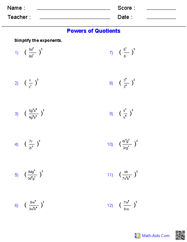 Exponents Worksheets for 7th Grade Math Practice