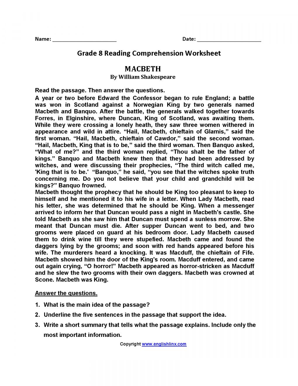 Free 8th Grade Reading Worksheets and Activities