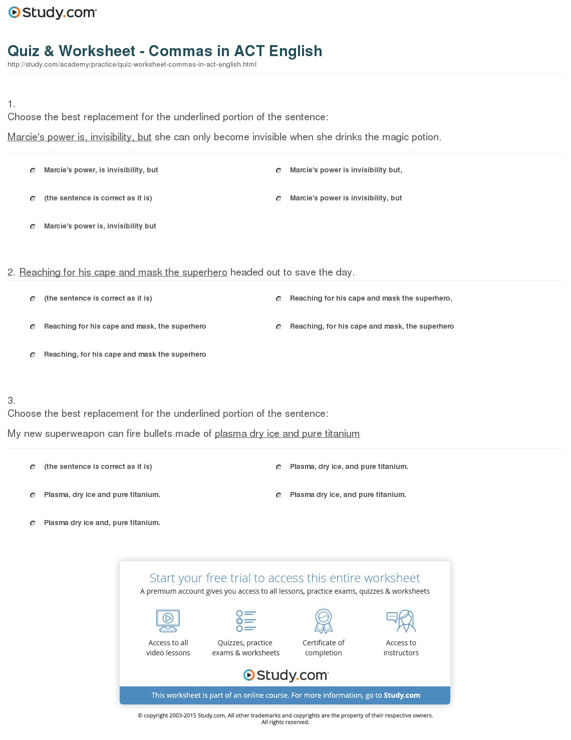 ACT Grammar Practice Worksheets With Answers