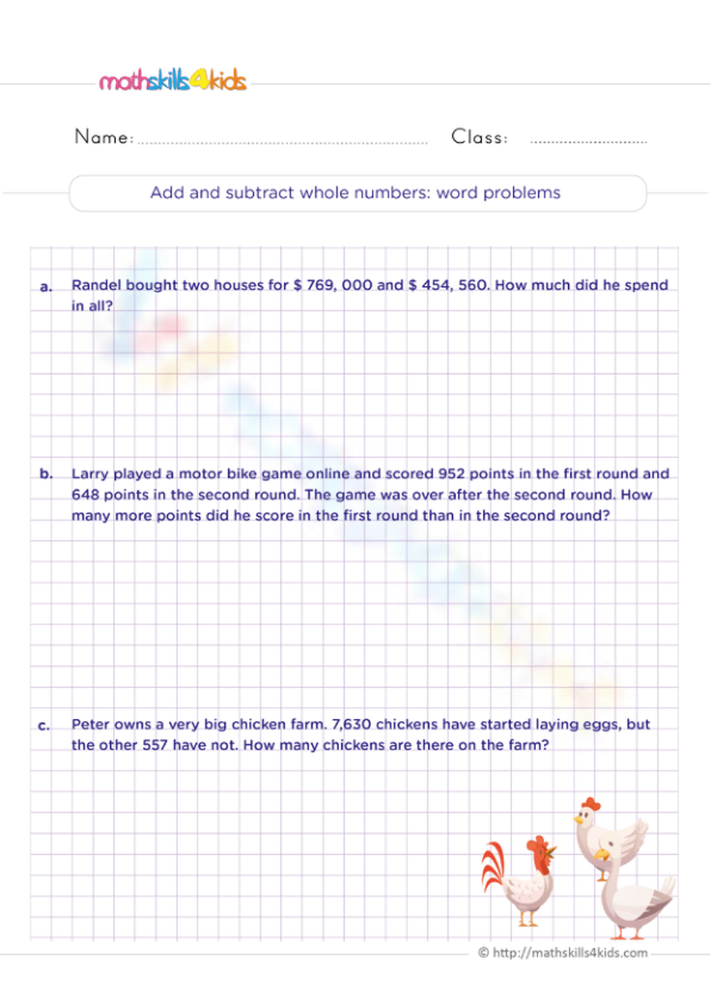 Add And Subtract Whole Numbers Worksheet