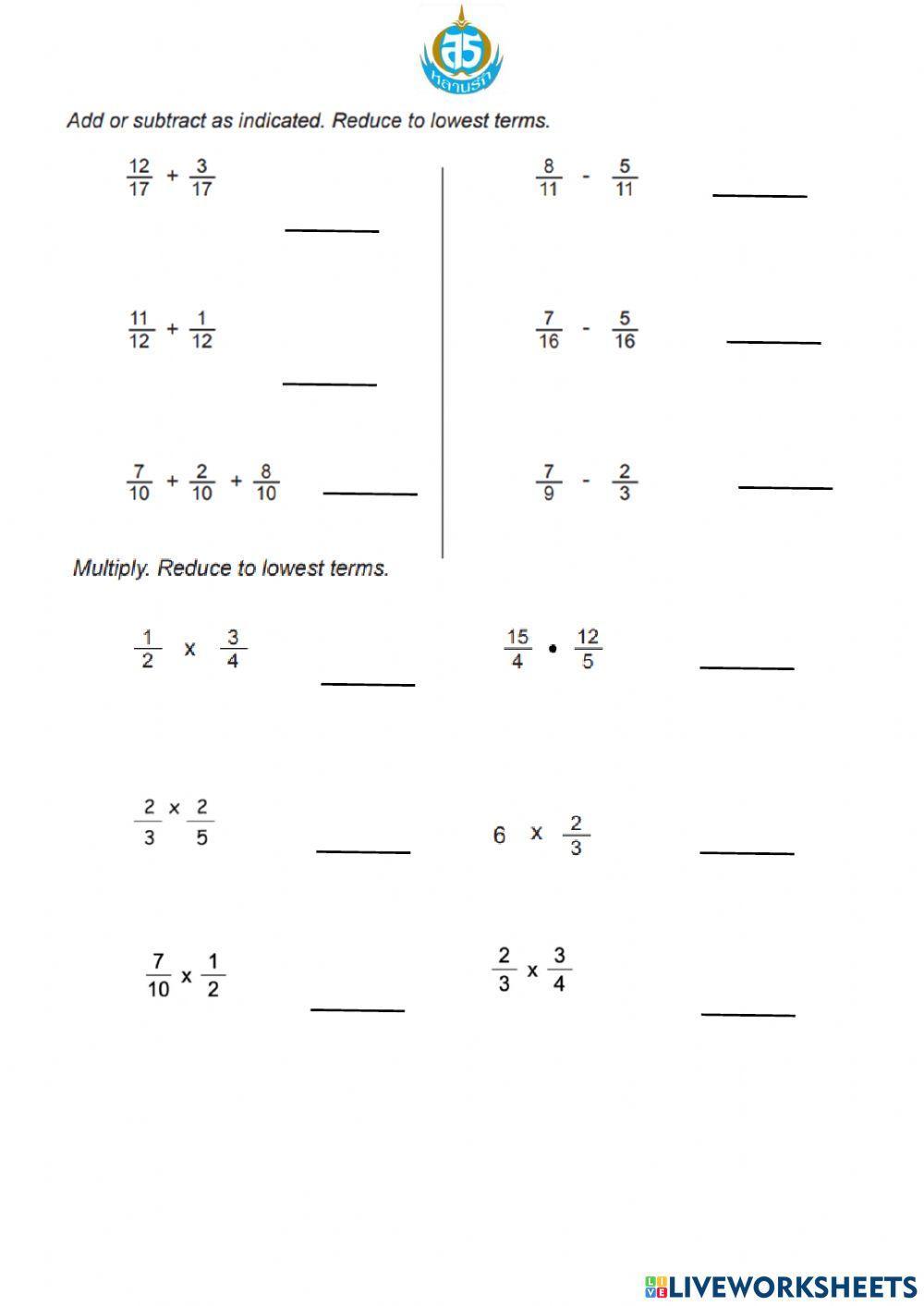 Fraction Operations: Add, Subtract, Multiply, Divide Worksheets