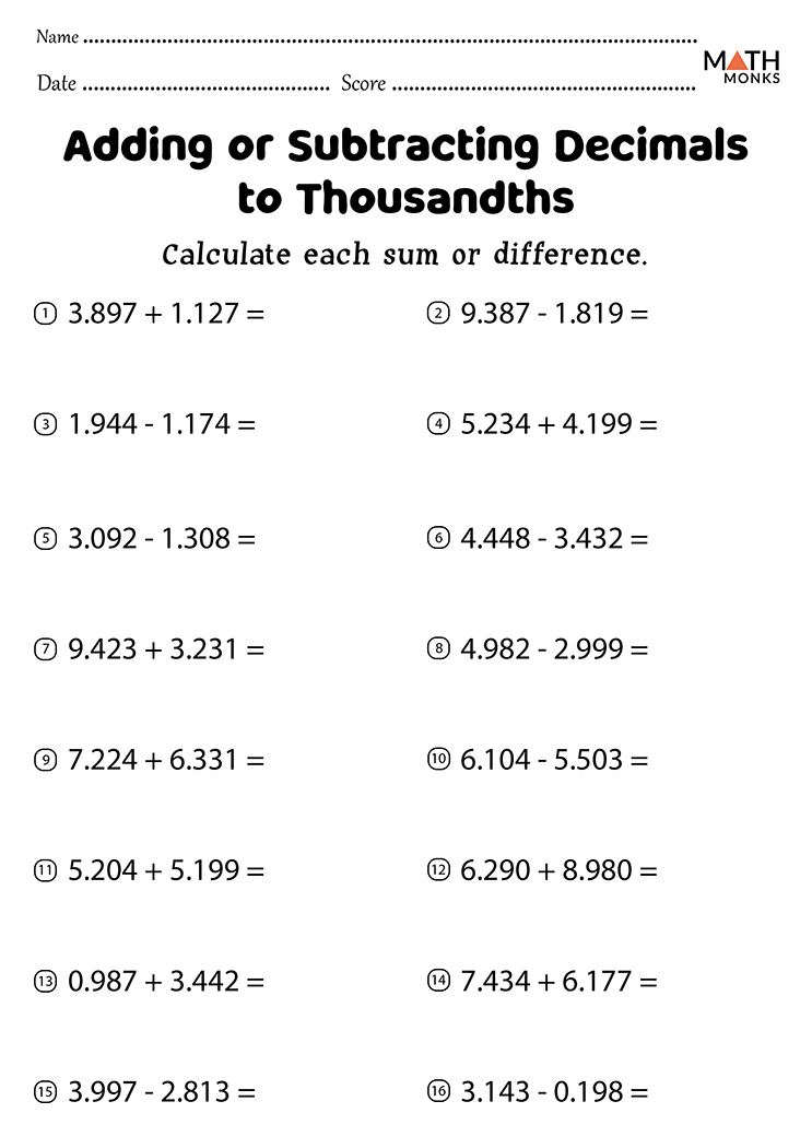 Decimal Addition and Subtraction Worksheet