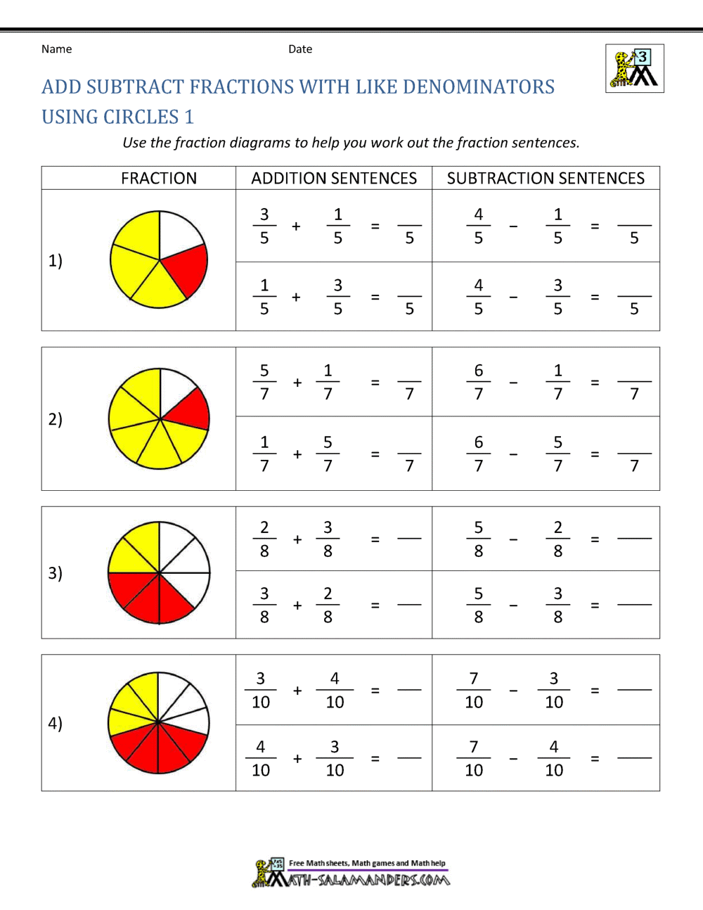 Free Fraction Worksheets: Add & Subtract Made Easy