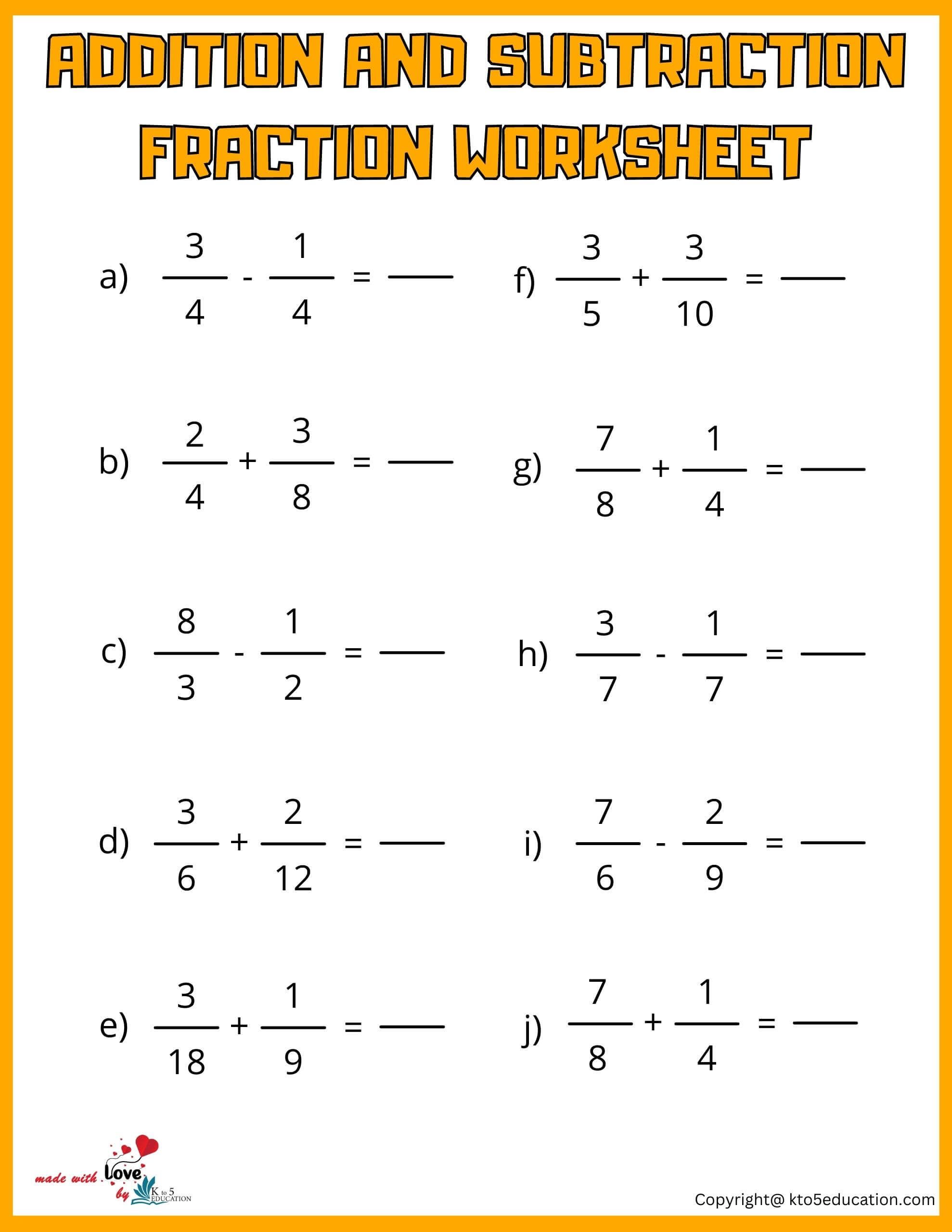 Fraction Addition and Subtraction Worksheets for Kids