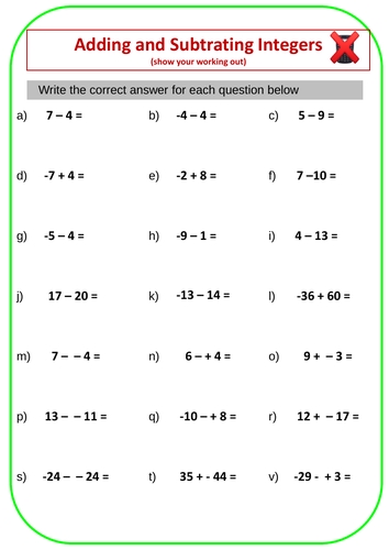 Adding And Subtracting Integers With Answers Teaching Resources