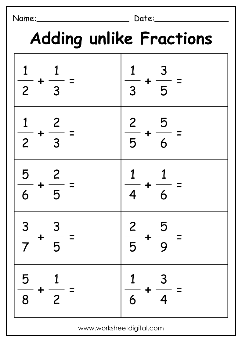 Adding Fractions With Unlike Denominators Worksheet Digital