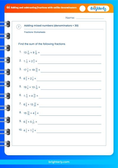 Add Fractions With Unlike Denominators Worksheets