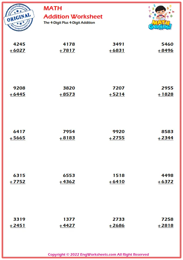 Adding Large Numbers Worksheets