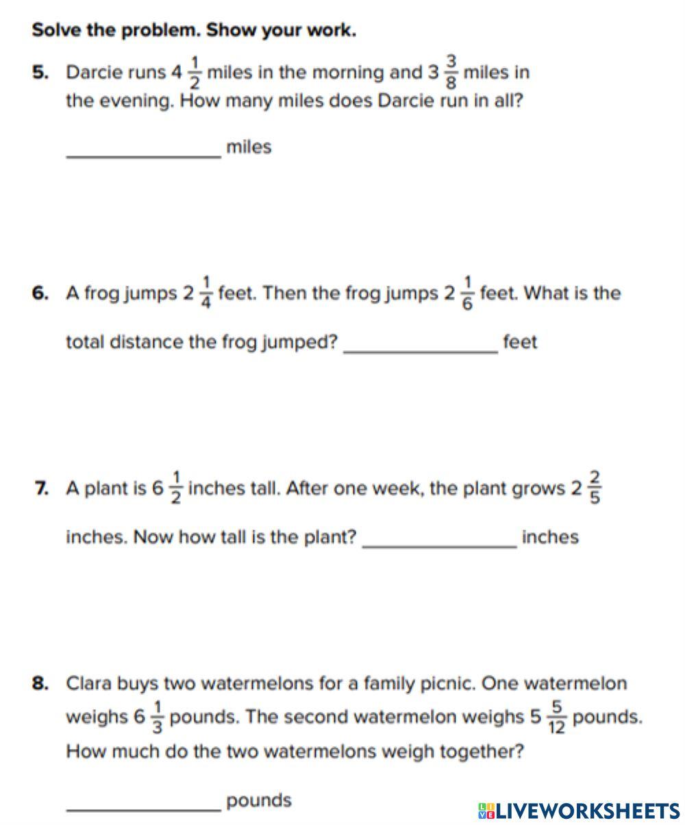 Adding Mixed Numbers With Unlike Denominators Word Problems