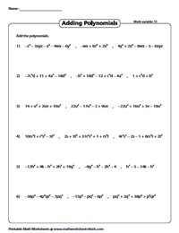 Easy Adding Polynomials Worksheets for Math Mastery