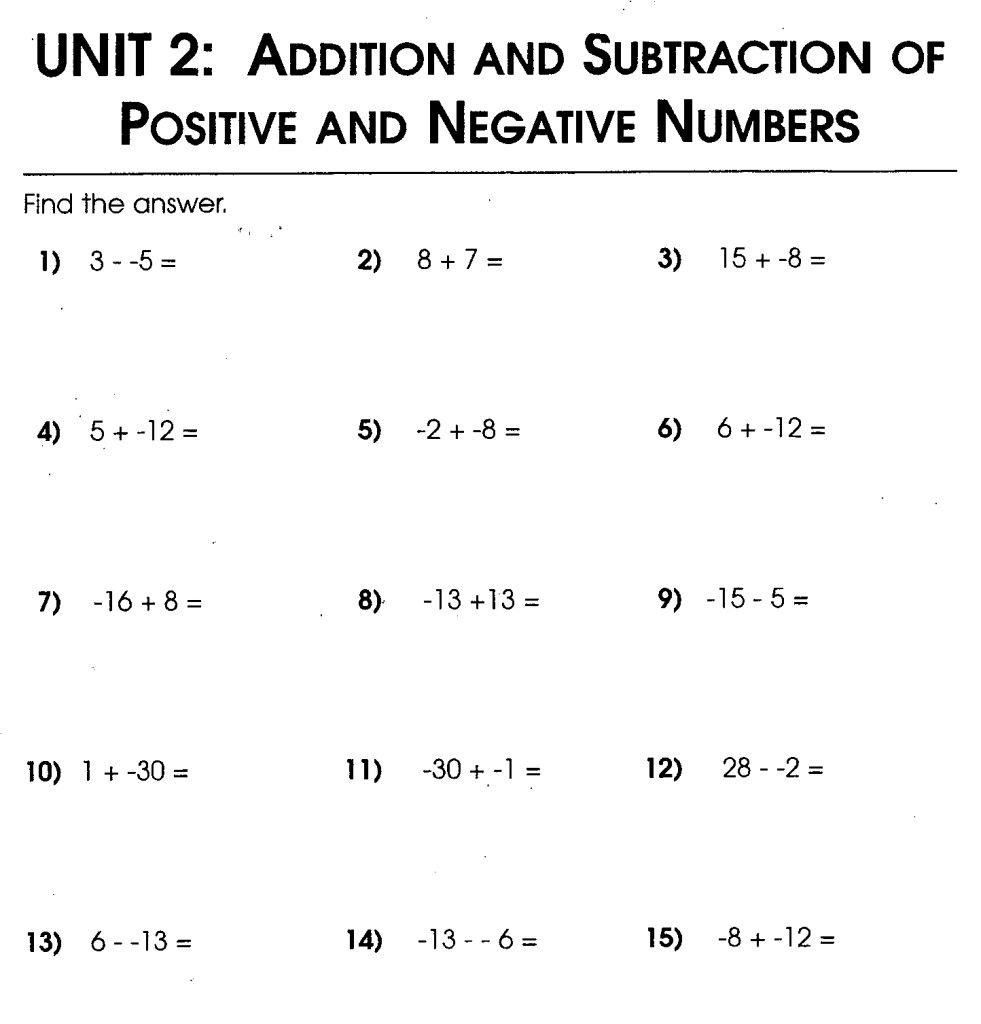 Adding Positive And Negative Numbers Worksheet