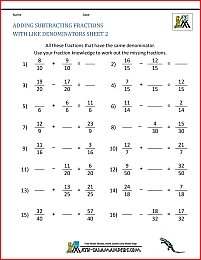 Addition and Subtraction of Fractions Worksheets for Kids