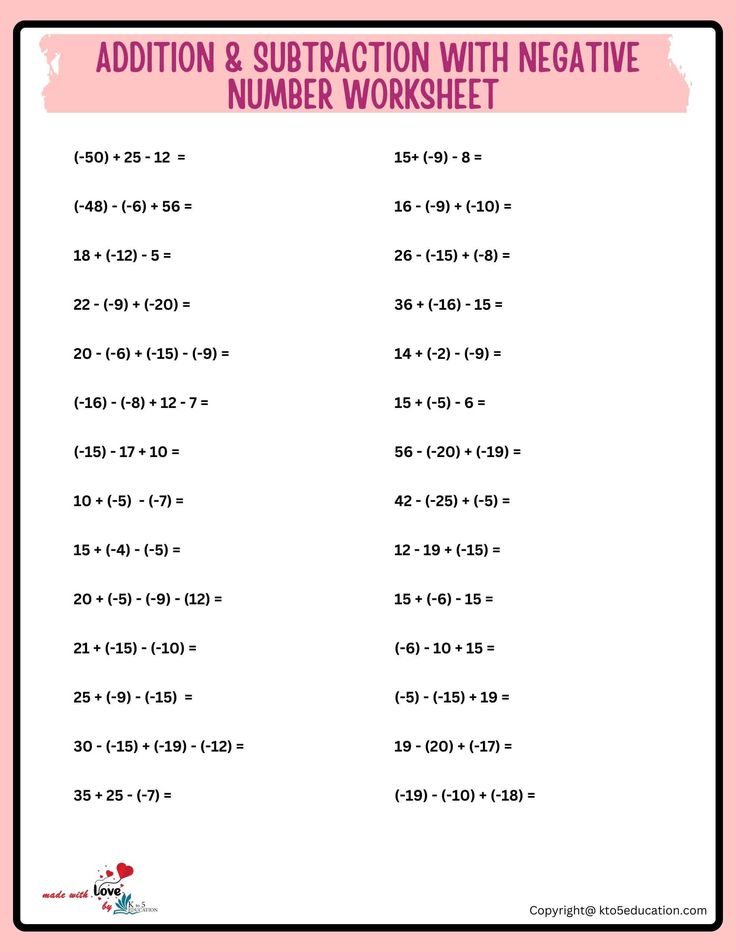 Addition And Subtraction Of Negative Numbers Worksheet