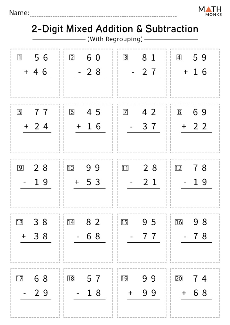 Addition and Subtraction Regrouping Worksheets for Kids