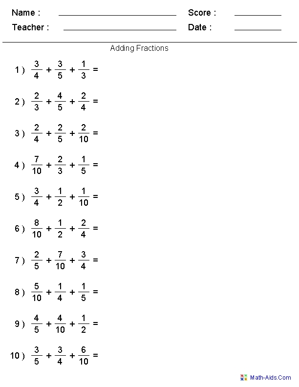 Addition of Fractions Worksheet for Easy Practice