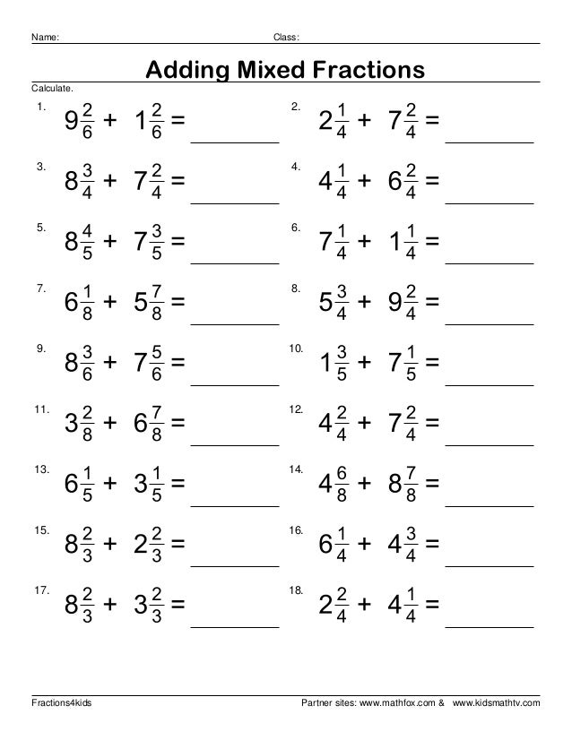 Addition of Fractions Worksheets With Answers