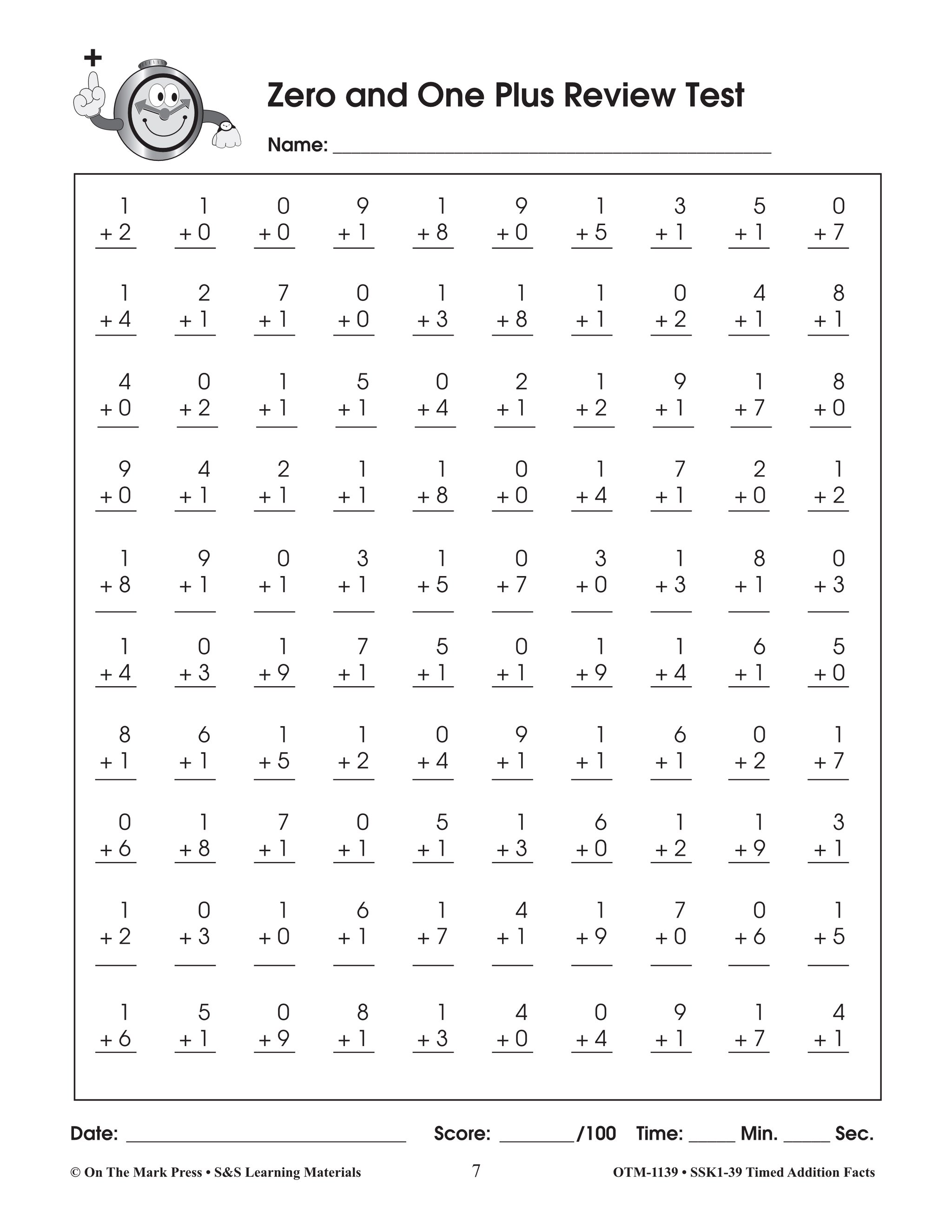 Addition Timed Test Printable 0 12