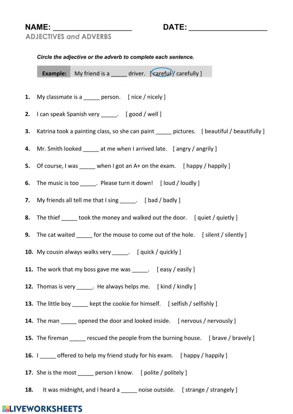 Adjective And Adverb Worksheets With Answer Key Adverbworksheets Net