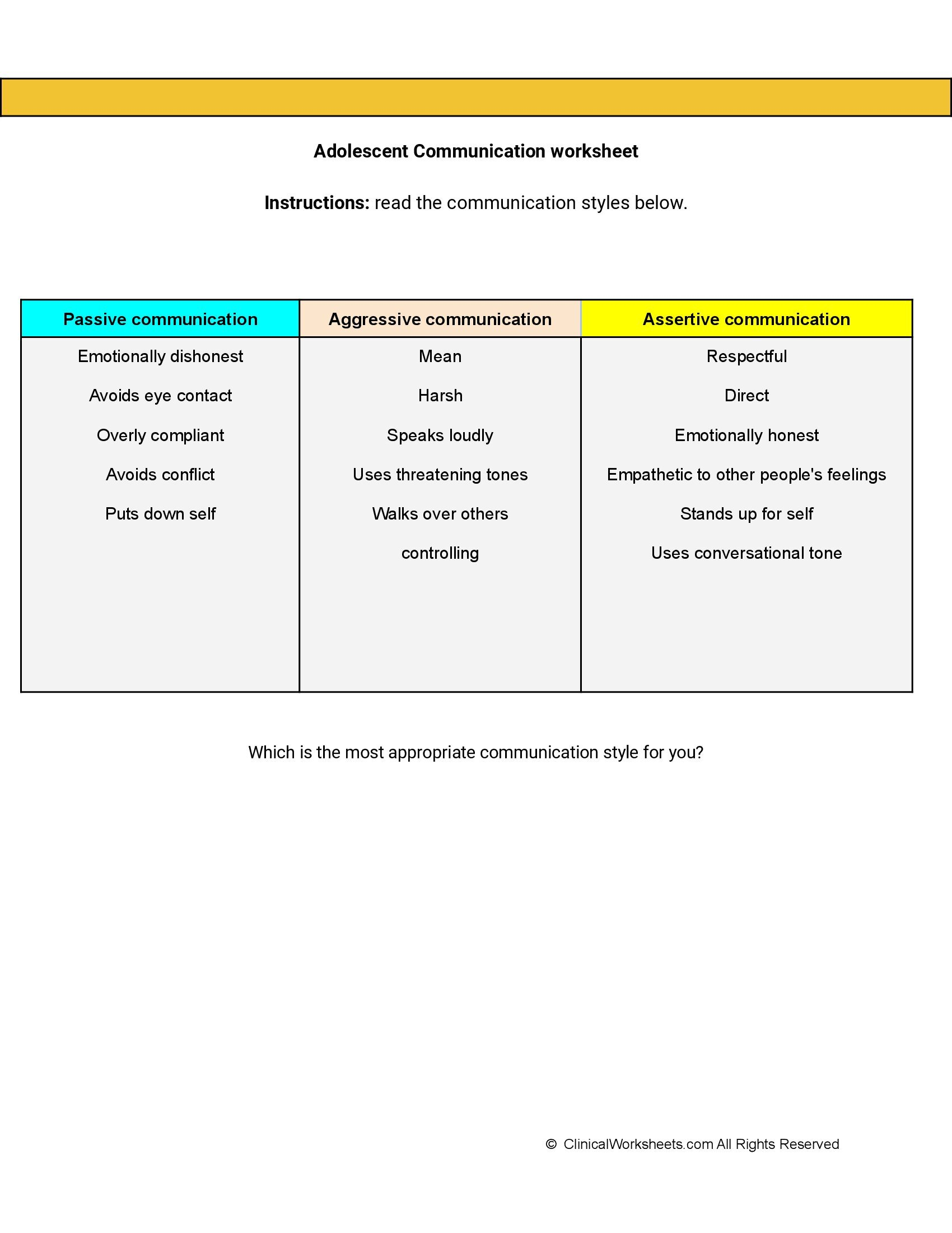 Adolescent Communication Skills Worksheets Skillsworksheets Com