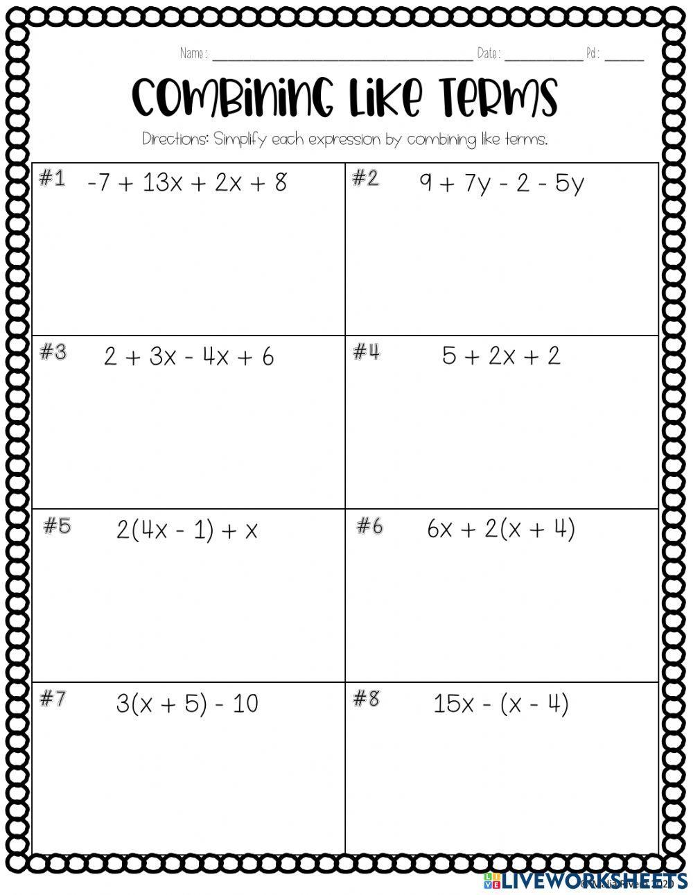 Combining Like Terms Worksheet for Algebra 1 Mastery